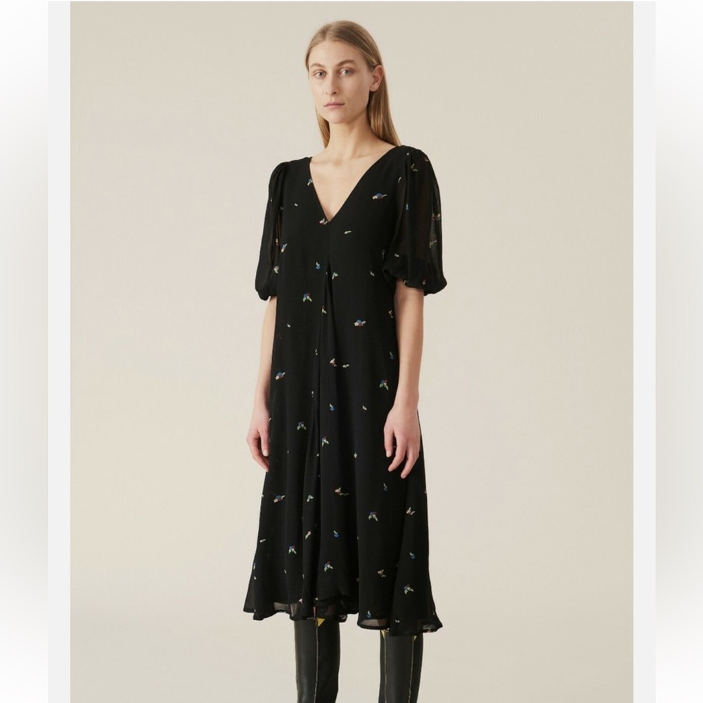 Ganni Printed Georgette Puff Sleeve Dress, 40